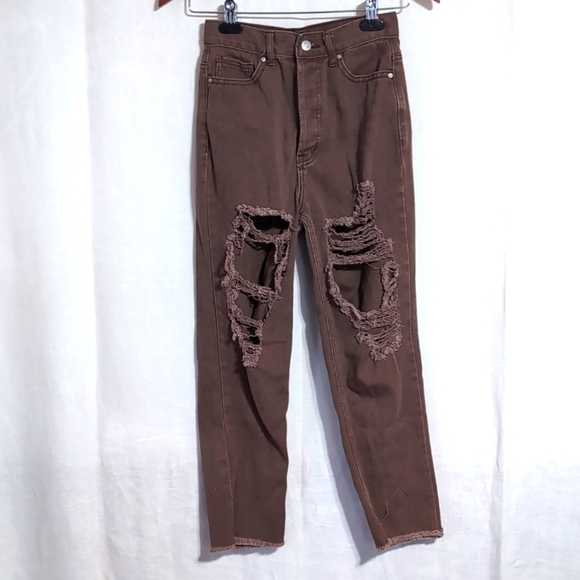 Simple Society Brown Distressed Boyfriend High Rise Jeans Size 1/25 - Picture 1 of 5